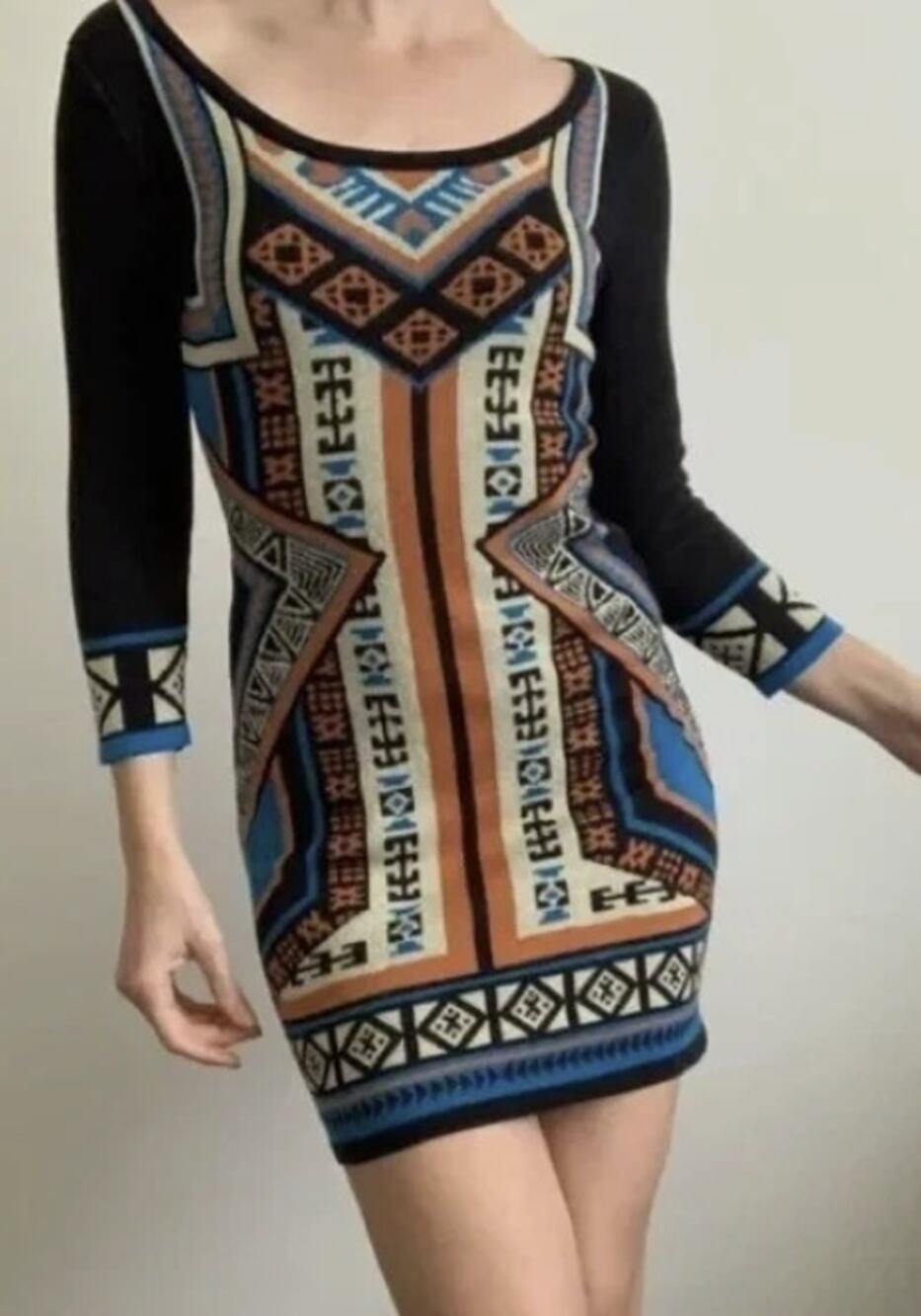 Anthropologie Flying Tomato Medium Aztec Sweater Dress Black Blue Orange